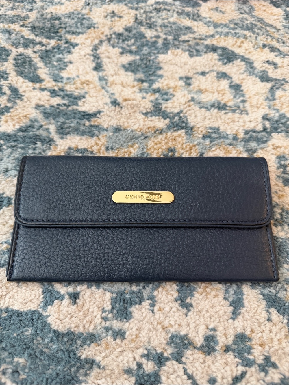 Michael Kors Navy Pebbled Leather Continental Wallet with Gold Plate